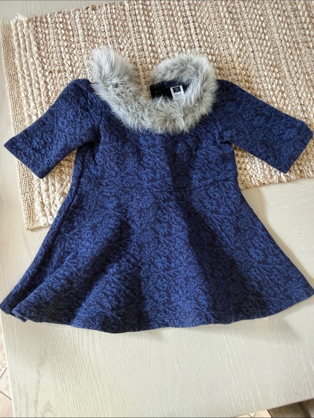 Janie and Jack Navy Patterned Coat with Faux Fur Trim